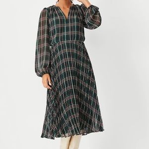 Ann Taylor Pleated Plaid MIDI Dress